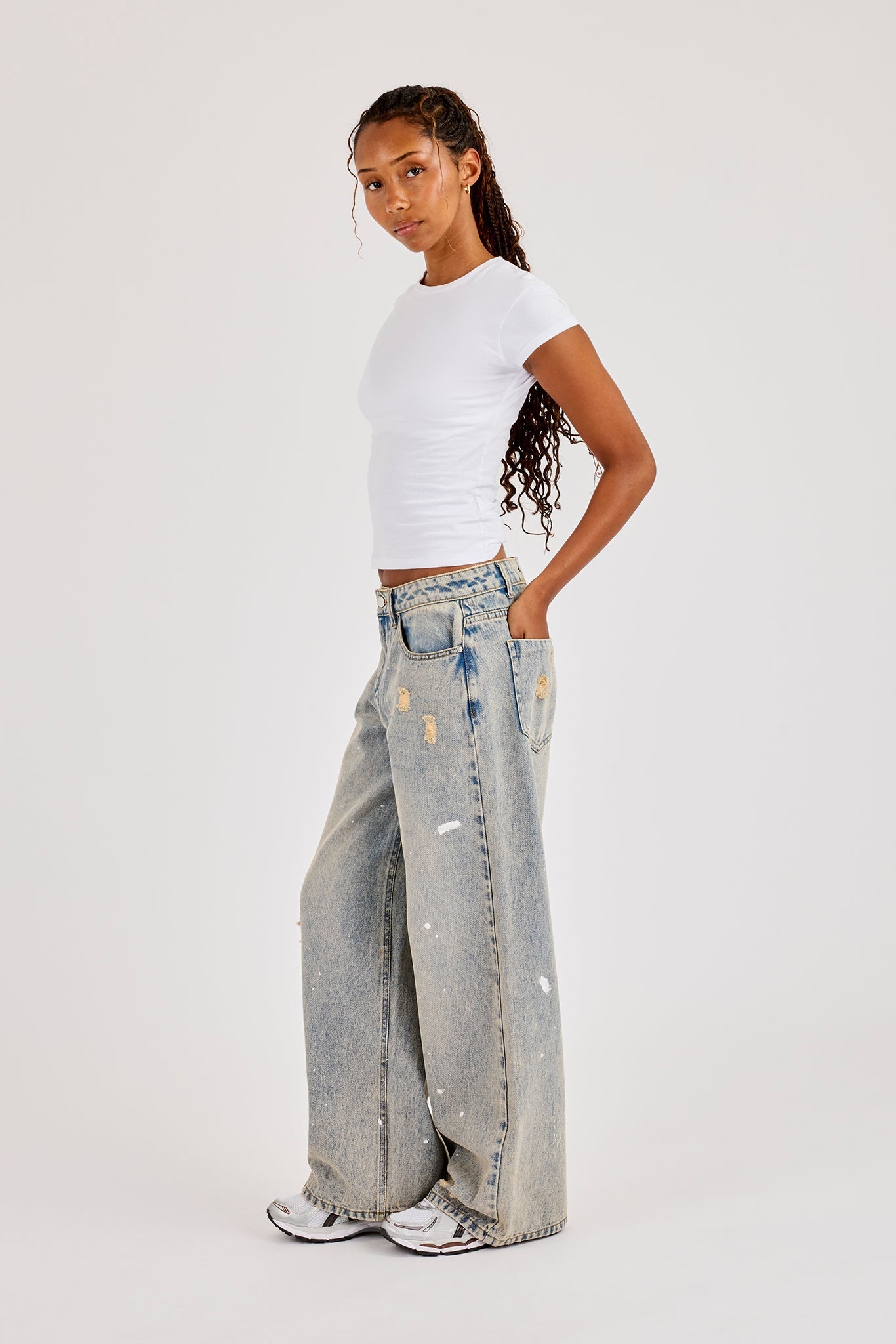 Distressed Paint Splatter Baggy Jean - Antique Wash